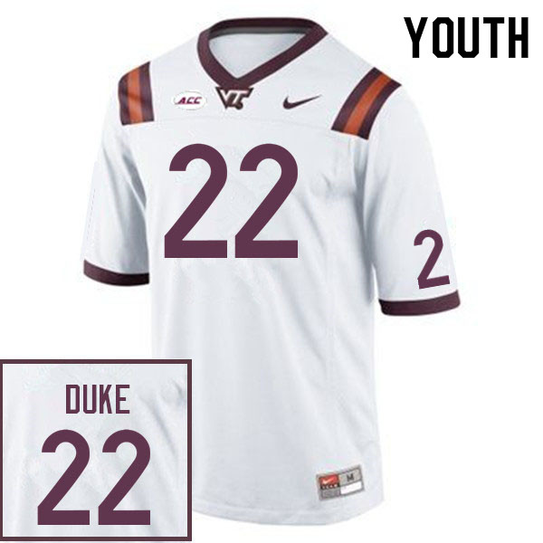Youth #22 Bryce Duke Virginia Tech Hokies College Football Jerseys Sale-White